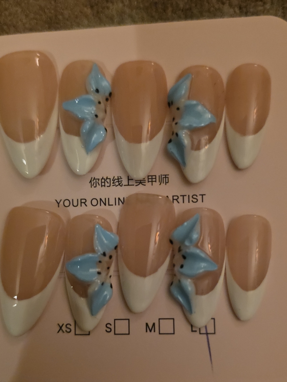 French Tip Nude and White Press-On Nails with Blue Floral Set Of 10 Nails Size L